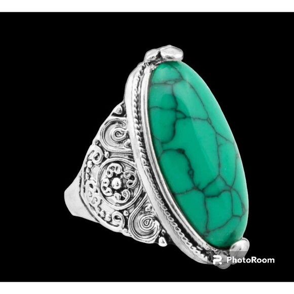 Boho Oval Turquoise Antique Silver Plated Carved Ring 1.5" x .7" - Picture 2 of 3